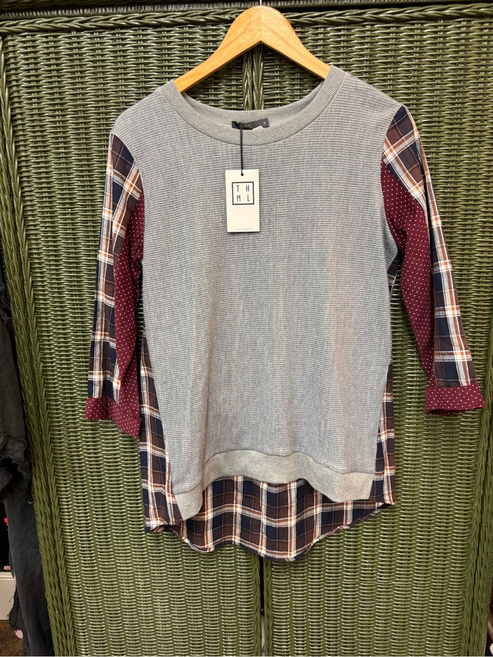 NWT THML Grey Ribbed Plaid Polka Dot Mixed Media 2-In-1 Top Small